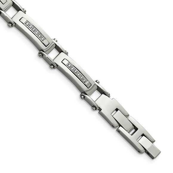 Men's 8mm Stainless Steel & CZ Link Bracelet 8.25 Inch Adjustable